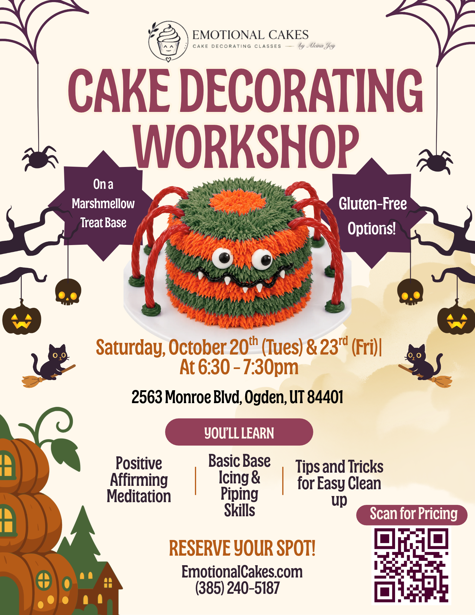 Cake Decorating Workshop flyer with decorated Halloween cake